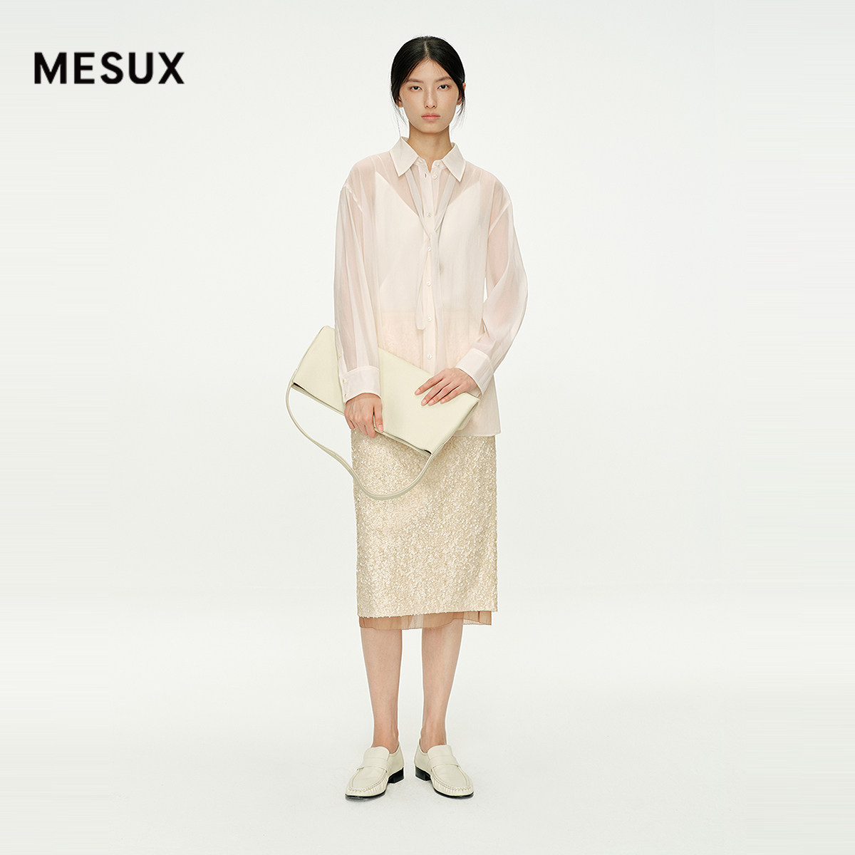 MESUX米岫秋季珠片绣花鱼鳞肌理高腰直筒修身通勤半身裙MNWUS405
