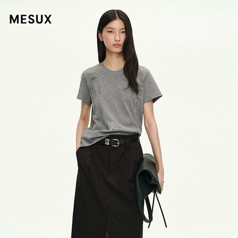 MESUX米岫夏长绒棉珠片绣上衣松弛风通勤百搭短袖T恤MNMUB323
