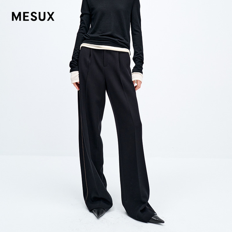 MESUX米岫新品高支高密微弹精纺拼接休闲裤女阔腿裤MMWUQ406