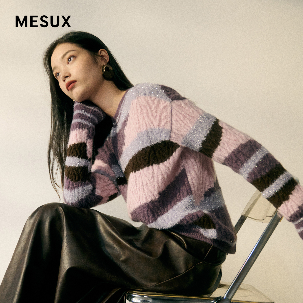 MESUX米岫绵羊毛含羊驼毛拼色套头修身轻暖毛衫毛衣MMWUE411