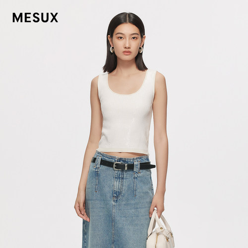 MESUX米岫新品时尚设计黑色白色亮片绣背心MMSUE101