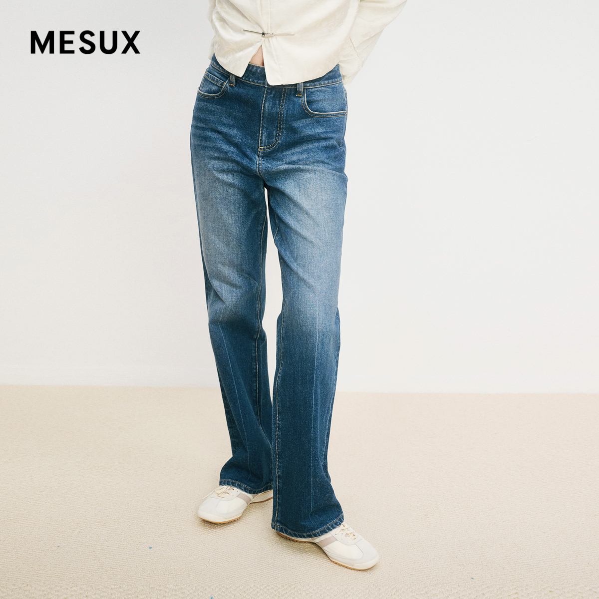 MESUX米岫新品女装经典老钱风水洗直筒显瘦牛仔裤MMWUR404