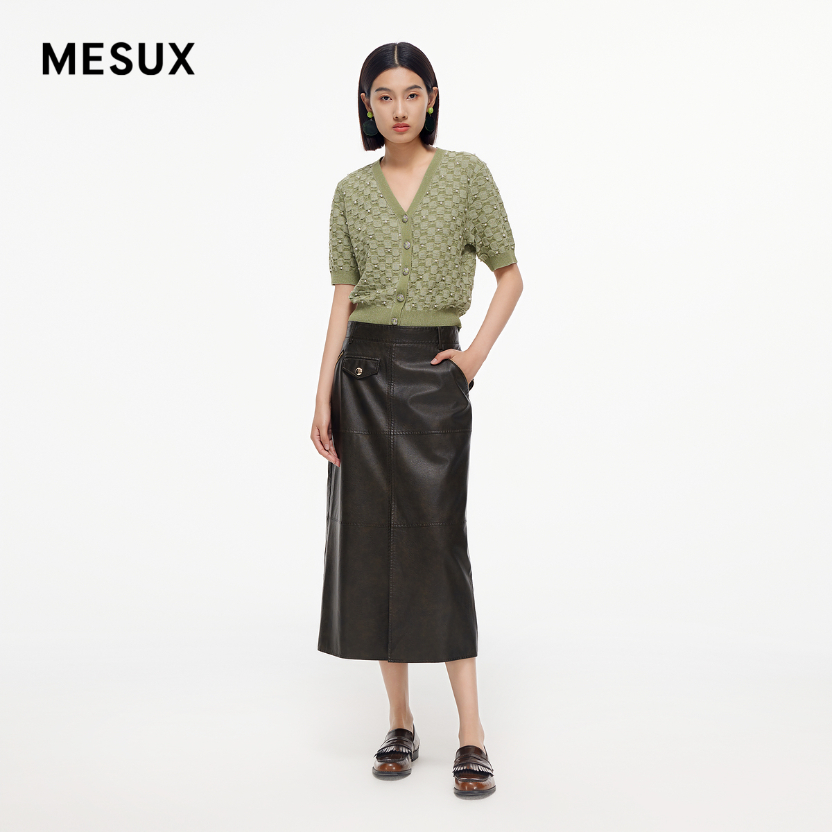 MESUX米岫新品女装复古风PU长半裙A字半身裙MMFUS401