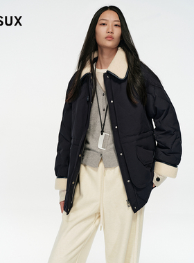 MESUX米岫25冬量感暖核毛翻领菱格纹轻暖中长款羽绒服MNWBL501