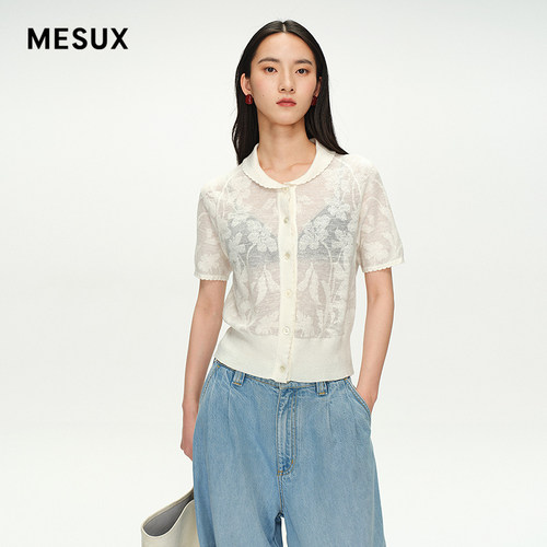 MESUX米岫夏新品法式波浪暗提花流影衫钩针亚麻针织衫MNMUE502