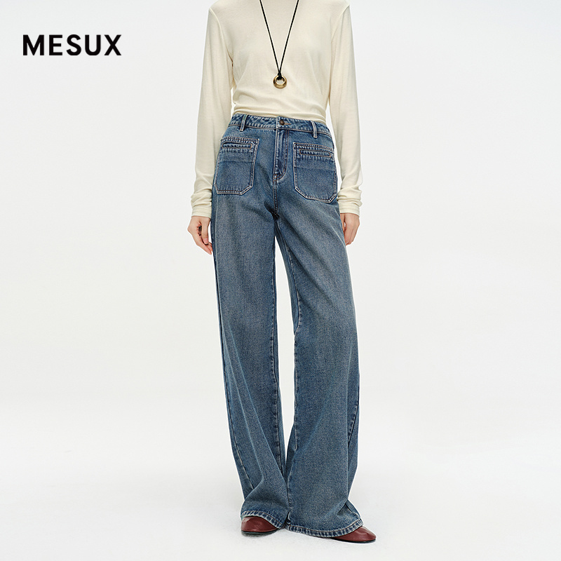 MESUX米岫25冬摩登复古前口袋大直筒酵素洗靛蓝染牛仔裤MNWUR405