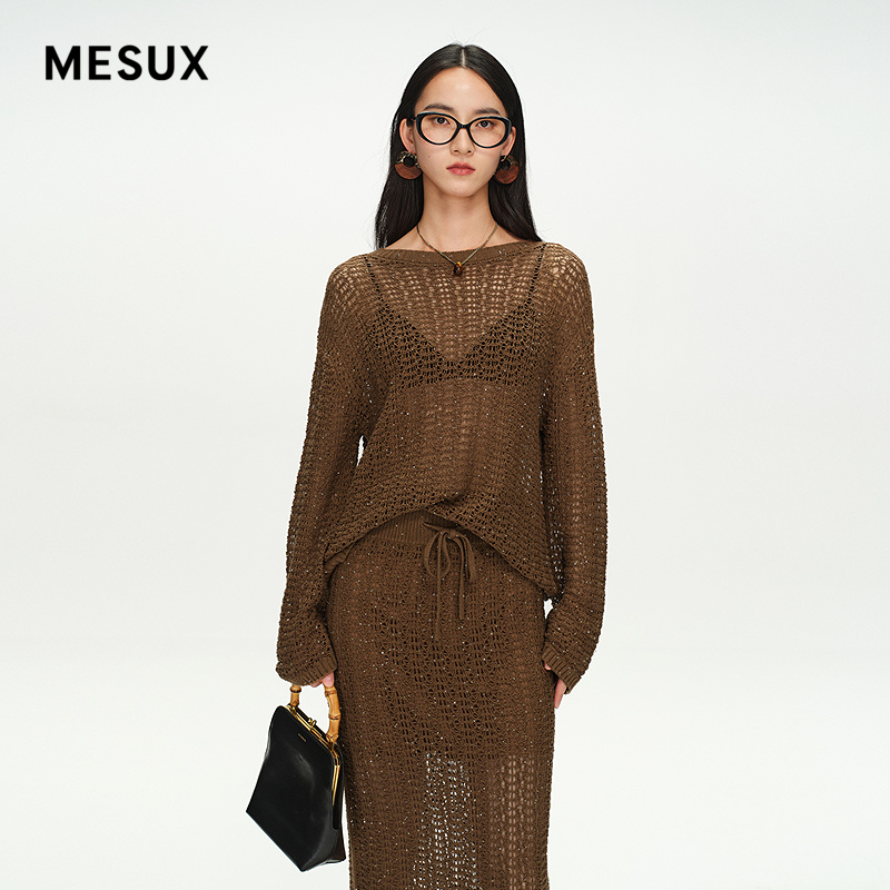 MESUX米岫25夏新品法式复古慵懒风镂空亚麻亮片针织开衫MNMUE404