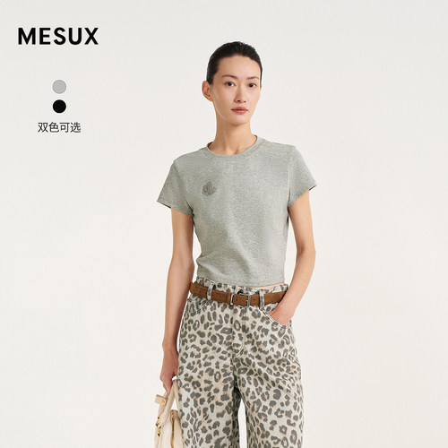 MESUX米岫26夏棉弹罗纹针织时髦仙人掌绣花圆领修身T恤MOMUB315