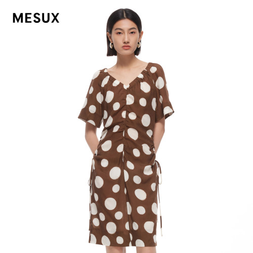 MESUX米岫连衣裙夏新品女复古波点抽褶V领连衣裙MMMUO412