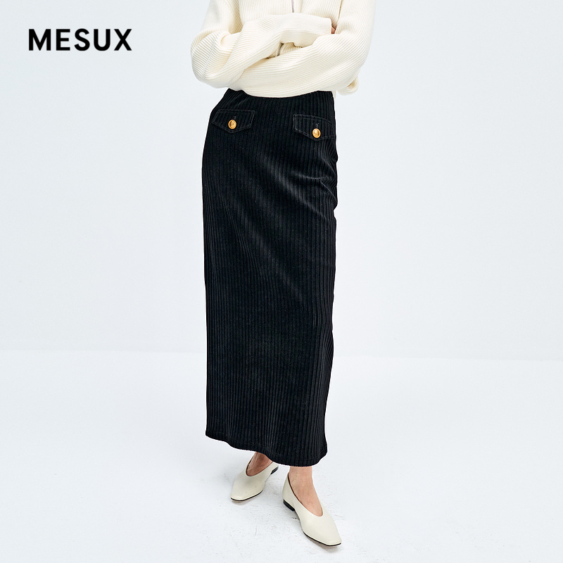 MESUX米岫新品厚实精裁高腰开叉直筒贴袋长裙半身裙MMWUS407