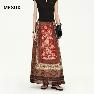 明星同款MESUX米岫夏波嬉风复古印花长裙桑蚕丝半身裙MNMUS406