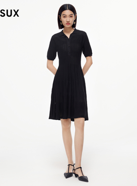 MESUX米岫新品女毛织坑条简约翻领黑色连衣裙MMFUE605