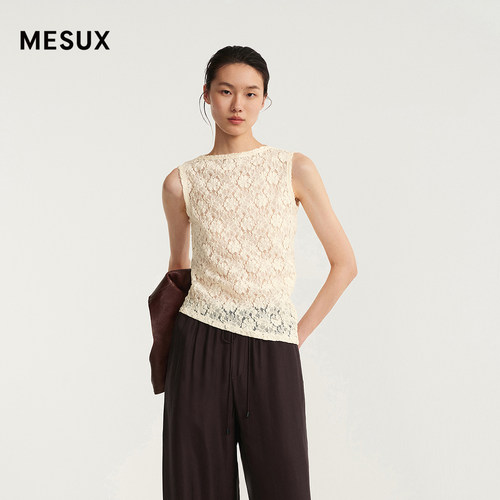 MESUX米岫26夏浮雕肌理感 芭蕾风毛边一字领不对称上衣MOMUD220