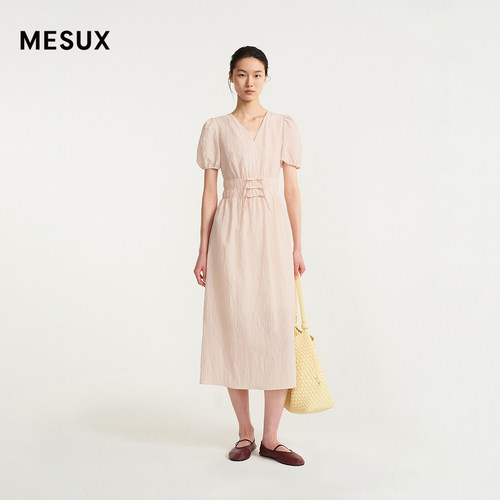 MESUX米岫26夏砂洗绉感料V领泡泡短袖蝴蝶结腰封连衣裙MOMUO424