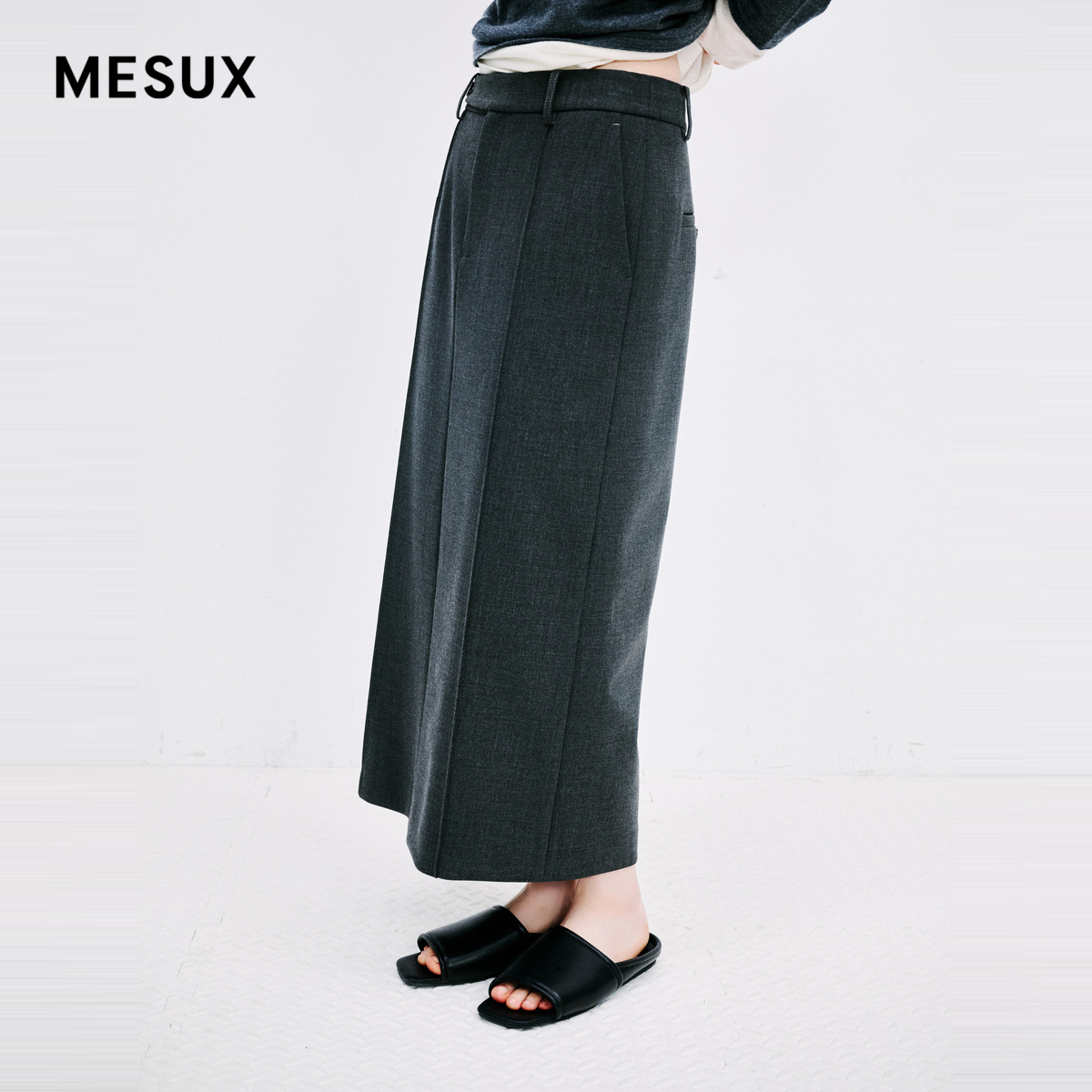 MESUX米岫新品女装西装结构侧开叉蕾丝直筒长半裙MMWUS403