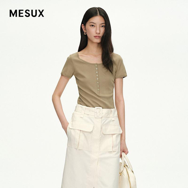 MESUX米岫夏长绒棉条纹罗纹松弛通勤短袖套头T恤上衣MNMUB303