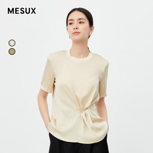 MESUX米岫夏季女装桑蚕丝圆领前腰金属扣叠褶设计短袖T恤MKMDD304