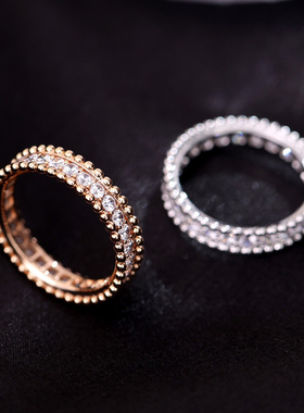 高版本排钻戒指女18K玫瑰金珠边满钻情侣对戒轻奢高级感食指指环