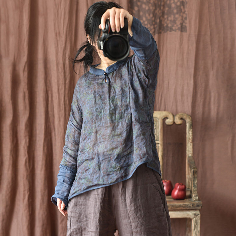 苎麻香云纱印花复古禅意茶服上衣