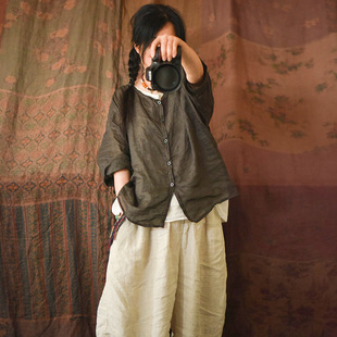 上衣麻衫 手工缝线圆领开衫 衬衫 青衣原创自制轻薄苎麻复古文艺女式