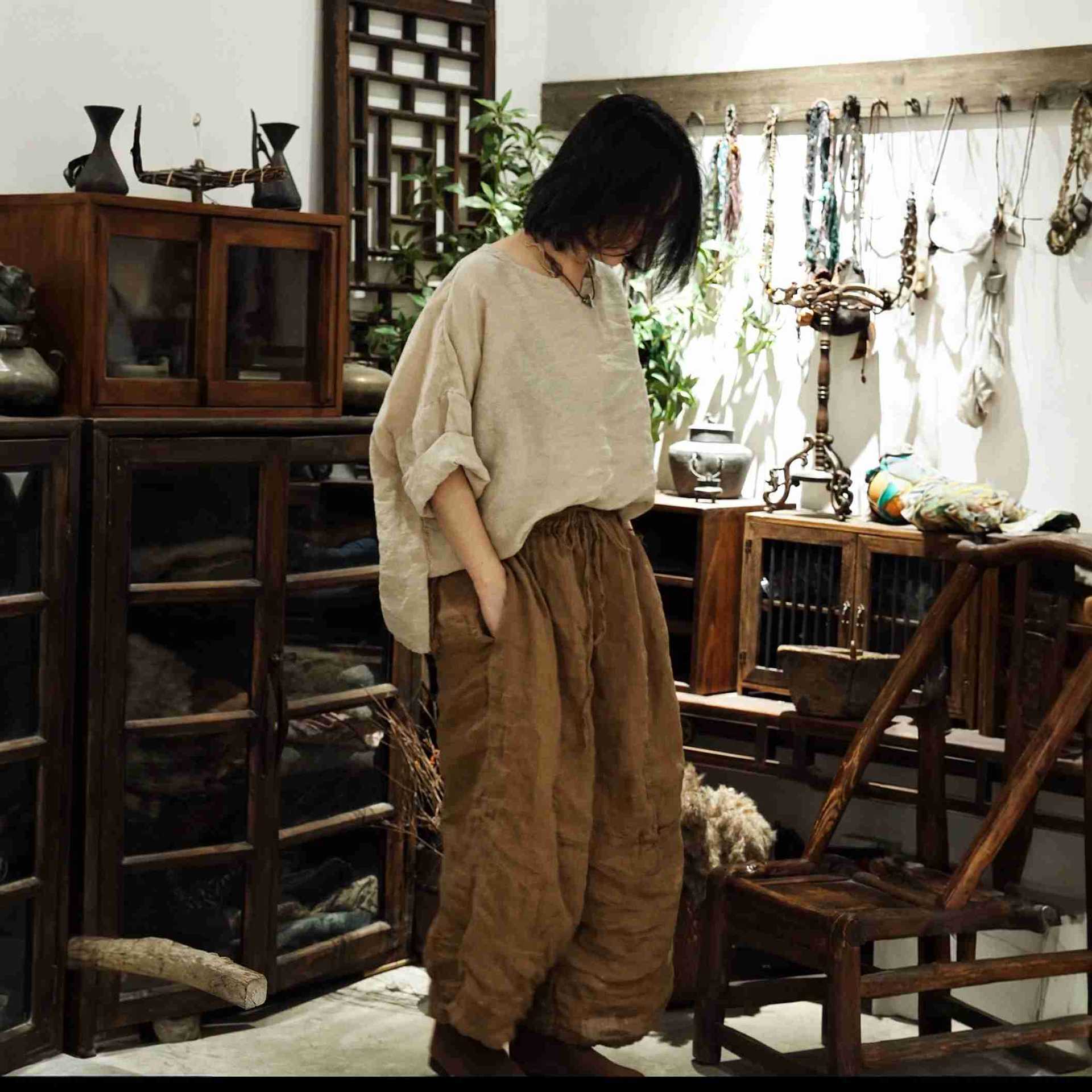 素年未央砂洗亚麻休闲阔腿九分裤