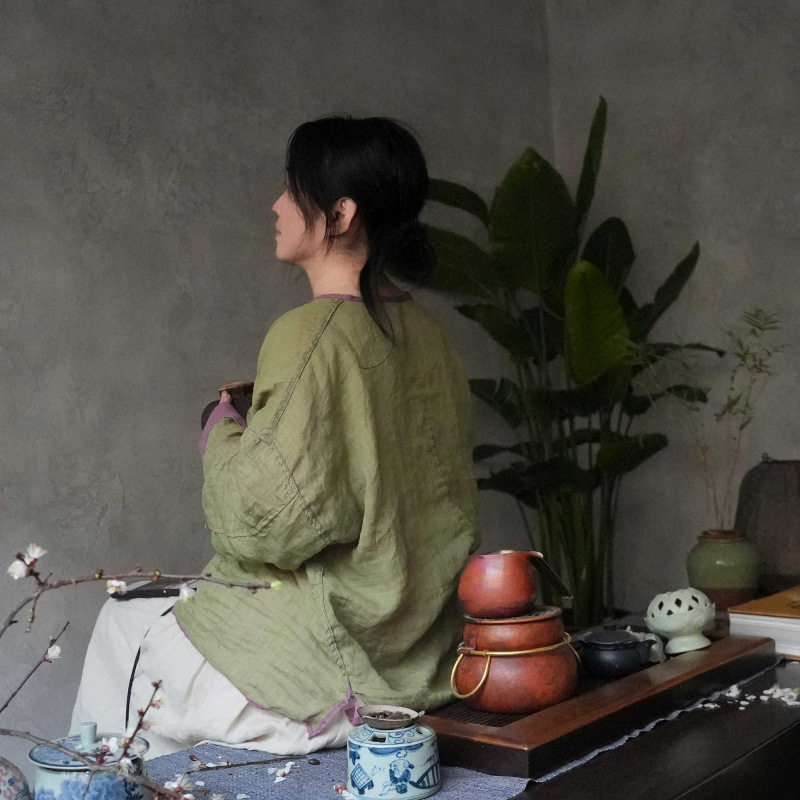 那年布语4467春夏双色苎麻双面穿盘扣长袖防晒女衬衫复古圆领上衣