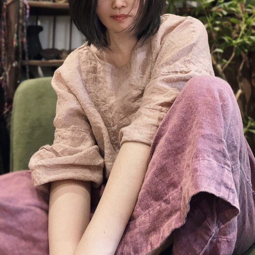 复古宽松款色织亚麻格子女套头衫