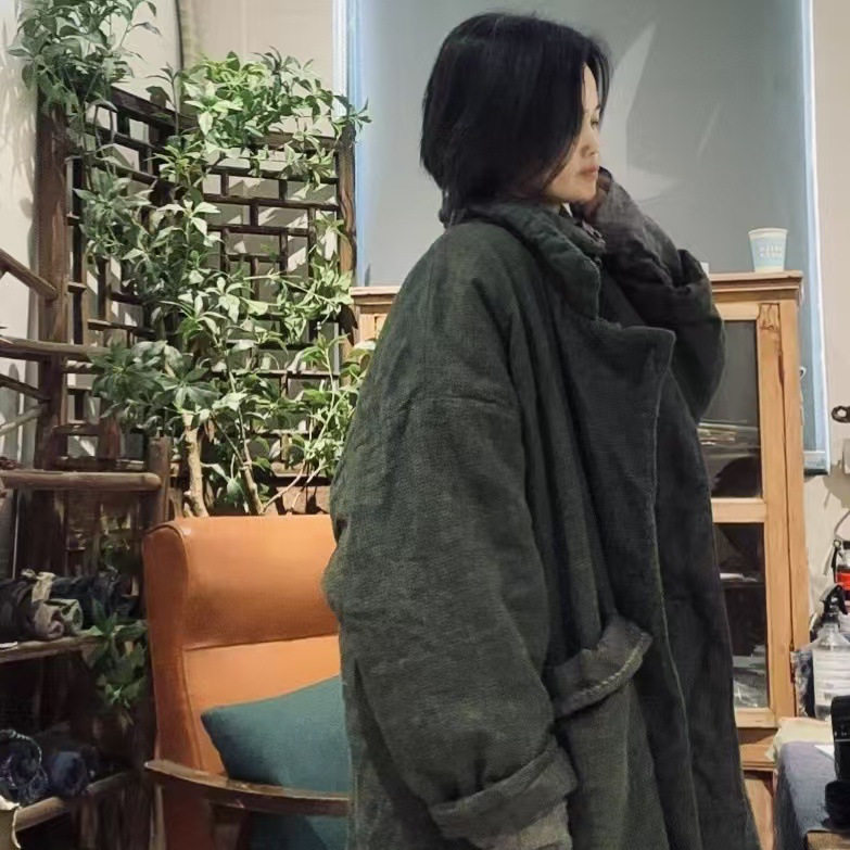 复古色织亚麻立领简约长款棉袍