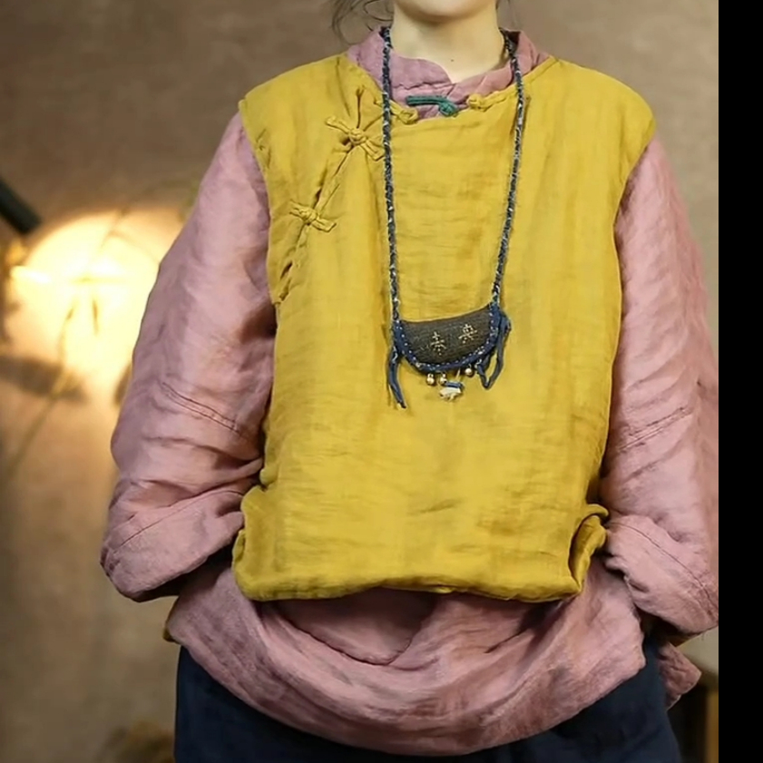 素年未央原创设计新款SN254复古文艺偏襟盘扣双层夹棉套头棉马甲