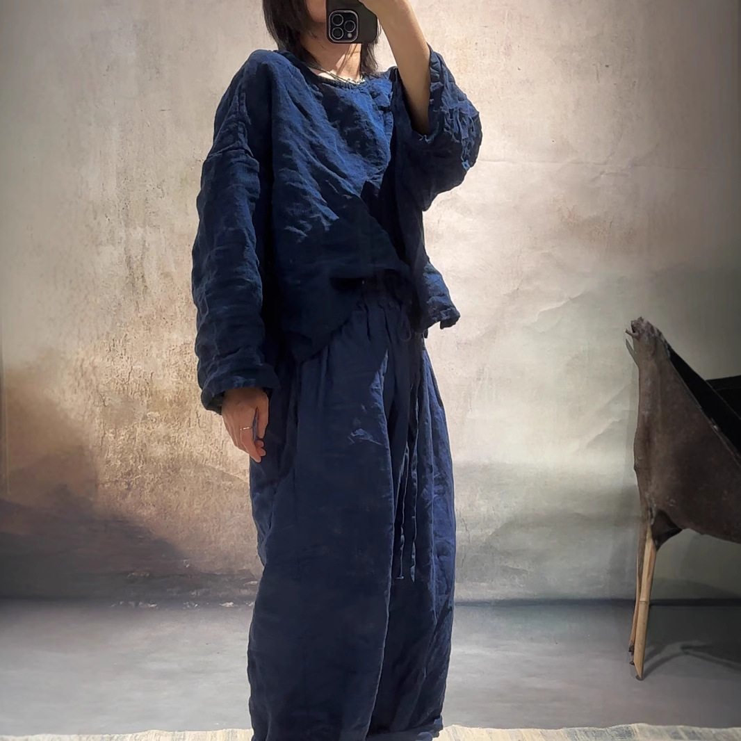 色织亚麻长袖纯色系带女套头小衫