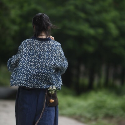 苎麻撞色印花开衫外套女防晒衫