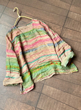 398 数码印花苎麻 夏款宽松汉服设计师款 方领文艺休闲麻衫