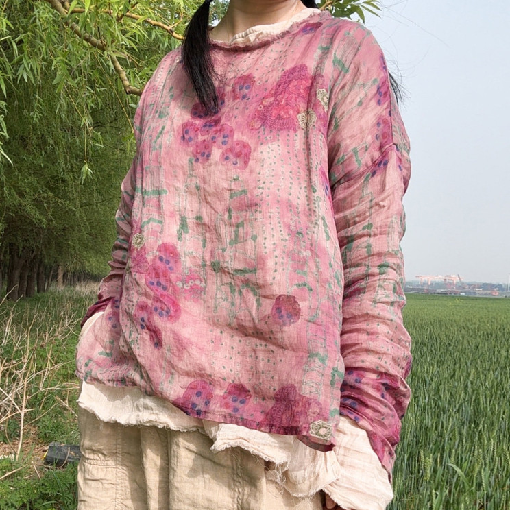 数码印花圆领长袖T恤苎麻女衬衫