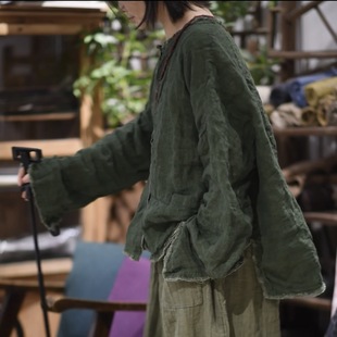 素年未央原創(chuàng)設(shè)計新款 文藝休閑文藝寬松色織肌理亞麻女毛邊開衫