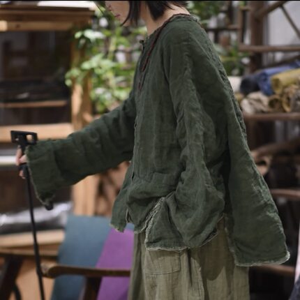 素年未央原创设计新款文艺休闲文艺宽松色织肌理亚麻女毛边开衫