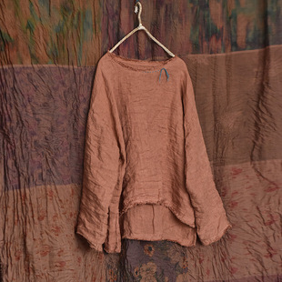 打底衫 11222前短后长毛边圆领撞色手工缝线衬衫 宽松休闲复古长袖