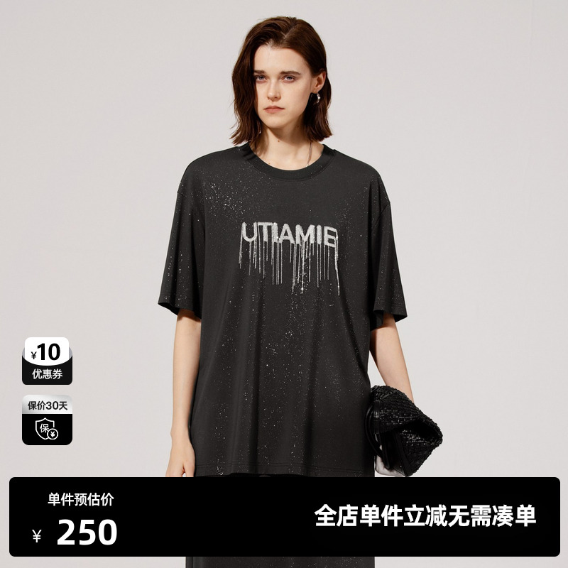 U/TI黑色重工流苏闪粉T恤女 百搭潮廓形圆领短袖尤缇2025夏季新款