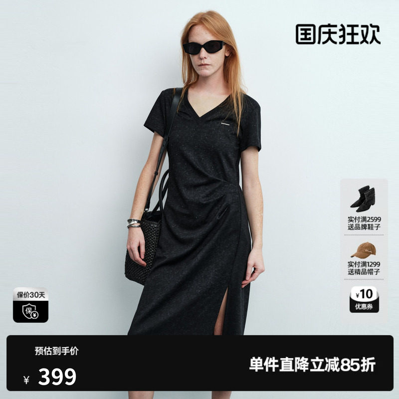 U/TI黑色棉感短袖连衣裙女V领收腰捏褶直筒中裙 尤缇2026夏季新款
