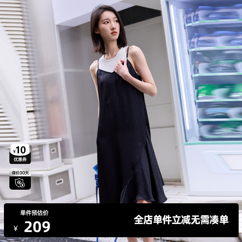 U/TI黑色不规则下摆吊带裙女时尚百搭无袖连衣裙尤缇时尚夏季新款