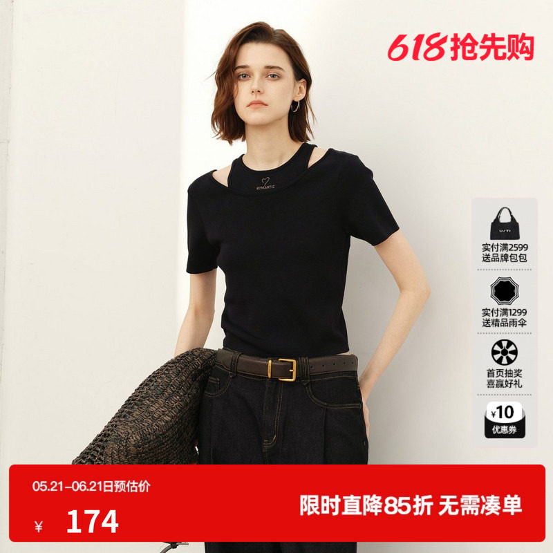 U/TI黑色圆领短袖针织衫女假两件修身显瘦打底衣尤缇2026春季新款