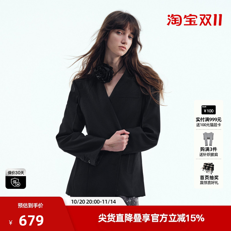U/TI无领黑色西装外套女装设计感通勤风休闲上衣尤缇2025秋季新款