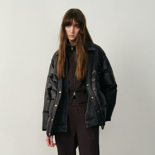 新款 设计感保暖外套尤缇2025冬季 TI亮面轻量牛仔拼接羽绒服女装