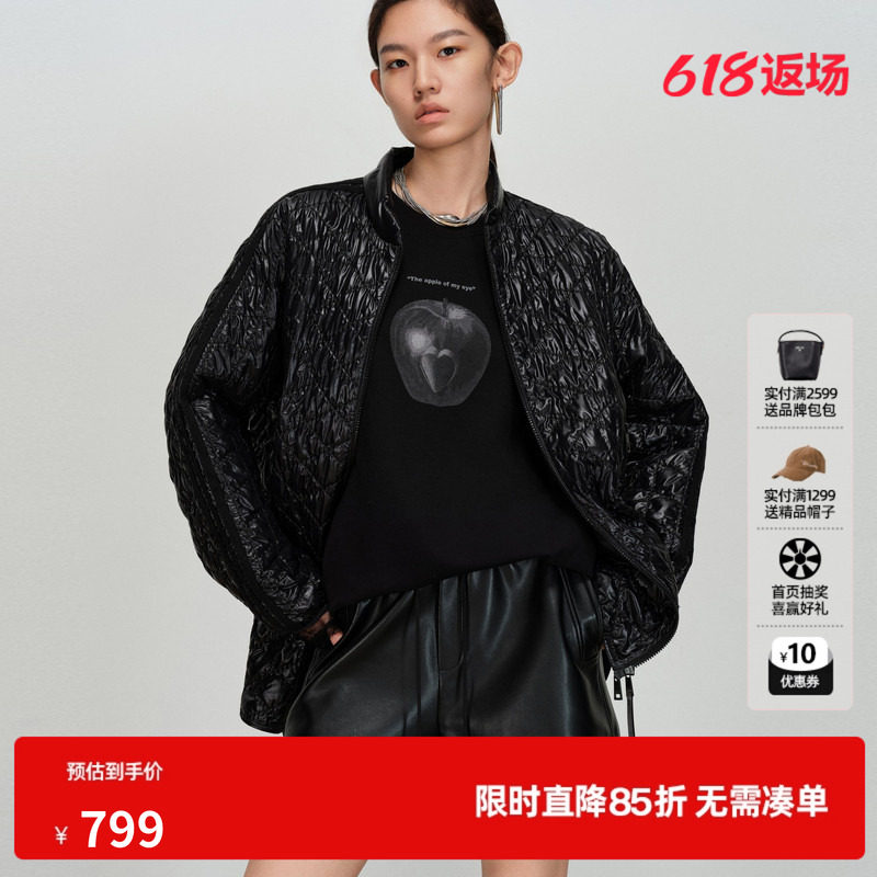 U/TI亮面菱格黑色棉服女宽松落肩光泽肌理感外套尤缇2026春季新款