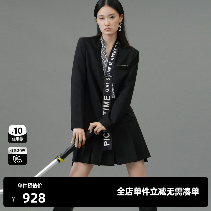 U/TI黑色学院风连衣裙女百搭简约羊毛通勤西装裙尤缇2025春季新款
