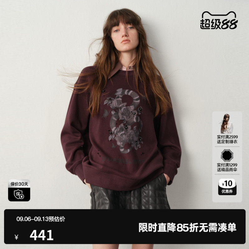 U/TI棉质印花加绒卫衣女艺术感烫钻宽松圆领上衣尤缇2025冬季新款