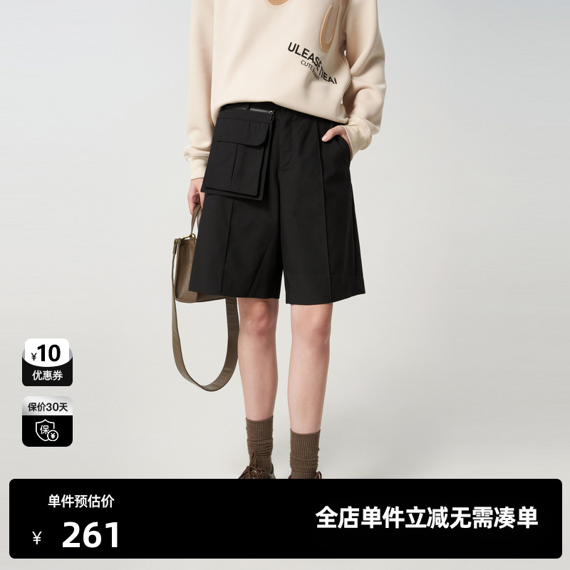 U/TI黑色大口袋垂坠感西装短裤女时尚百搭休闲裤尤缇时尚秋季新款