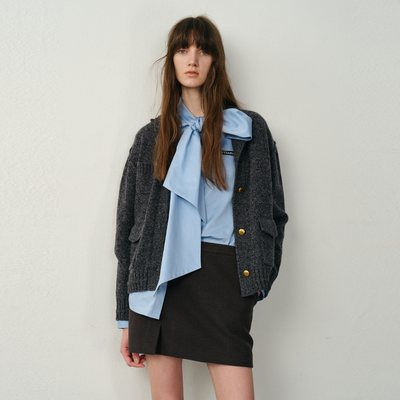 U/TI高智感翻领针织开衫女简约复古轻奢毛衫上衣尤缇2025冬季新款