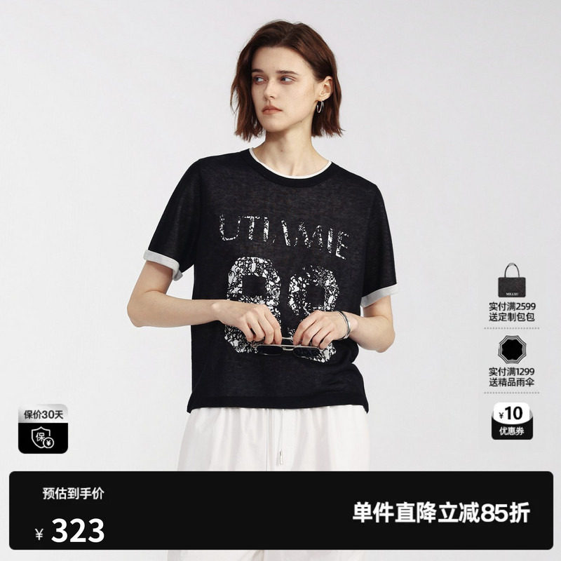 U/TI黑色百搭假两件短袖T恤女印花宽松圆领短款 尤缇2026夏季新款