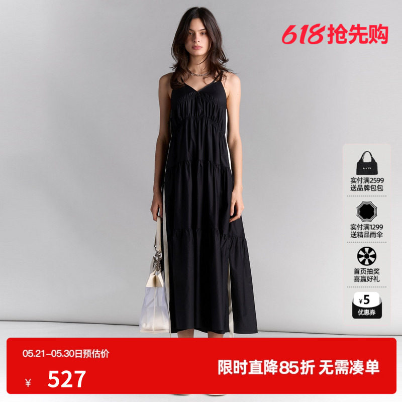 U/TI度假风黑色吊带裙女装纯棉轻盈背心裙连衣裙尤缇2025夏季新款