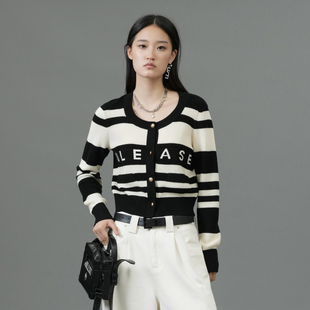 TI撞色提花条纹开衫 新款 女装 上衣尤缇2025春季 百搭圆领甜酷毛衫